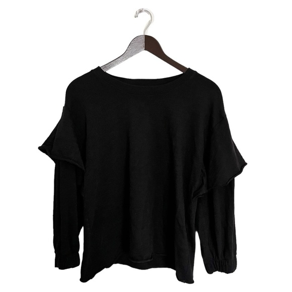 Nation LTD Black Marlow Tee Ruffle Long Sleeve Crewneck Cotton Top - Picture 1 of 3